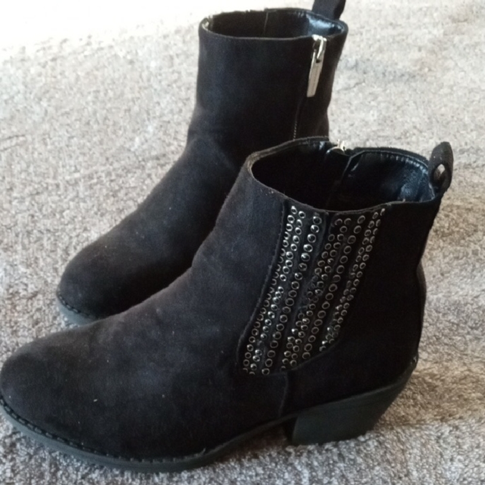 Vince Camuto faux suede booties with black gemstone detail